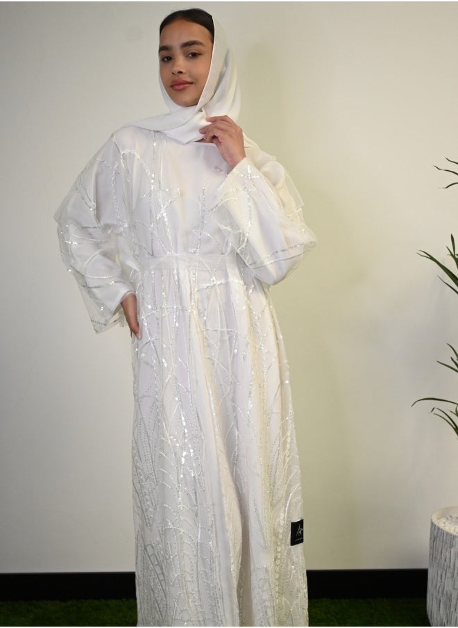 Silver Glow White Abaya with Sequin Embellishments