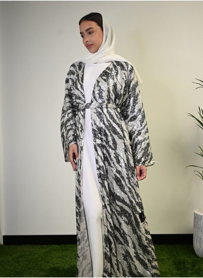 Silver Glow Black and White Abaya with Sequin Embellishments