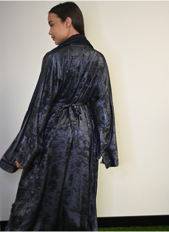 Midnight Glitz Navy Blue Satin Foil Abaya