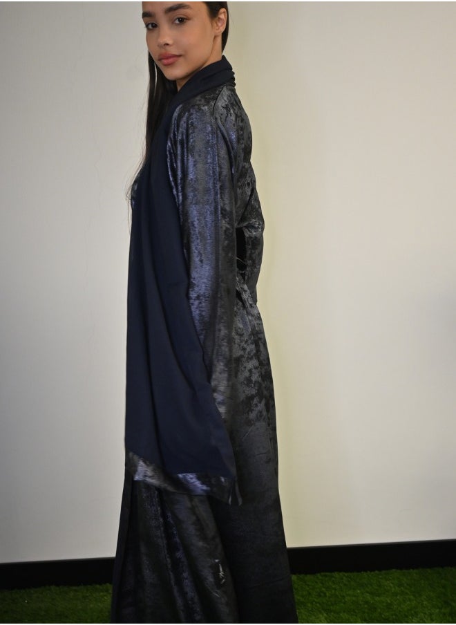 Midnight Glitz Navy Blue Satin Foil Abaya