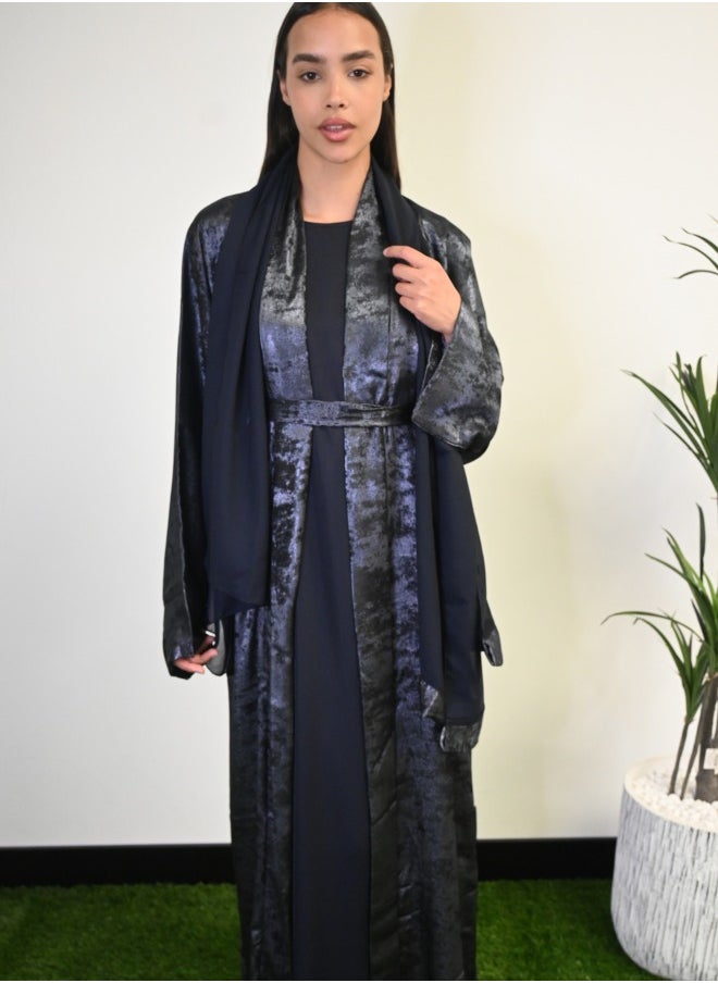 Midnight Glitz Navy Blue Satin Foil Abaya