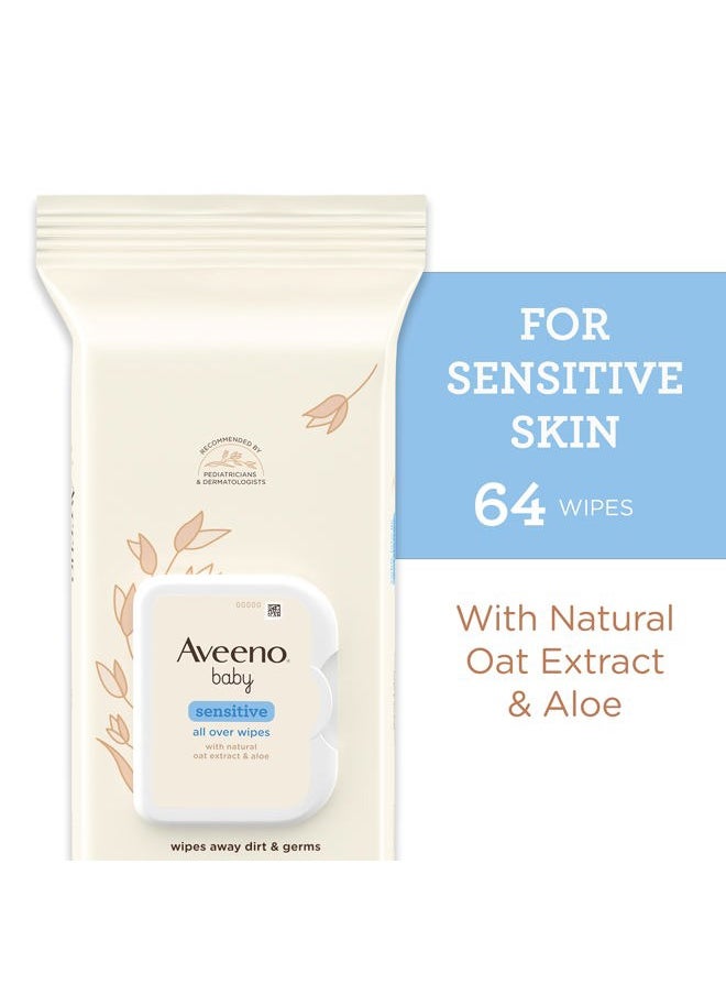 Sensitive All Over Wipes with Aloe & Natural Oat Extract for Face, Bottom, Hands & Body, pH-Balanced, Hypoallergenic, Fragrance-, Phenoxyethanol- & Alcohol-Free, 64 ct
