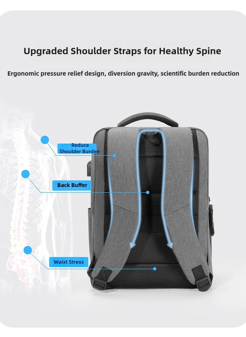 15.6'' Laptop Backpack Travel Notebook Computer Backpack Men Women Water Resistant Business Laptop Bag With USB Charging Port College School Casual Daypack Student Bookbag for Teens Boys Girls Spac Grey