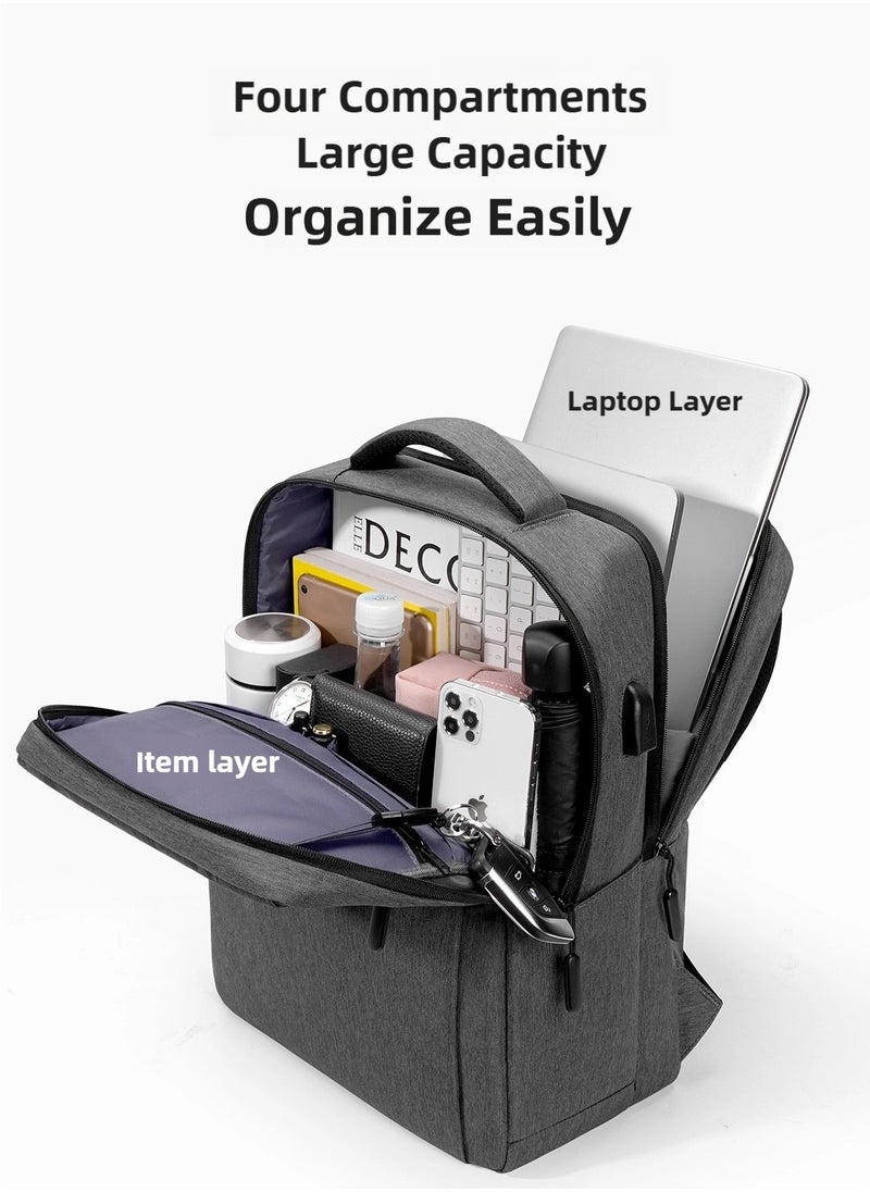 15.6'' Laptop Backpack Travel Notebook Computer Backpack Men Women Water Resistant Business Laptop Bag With USB Charging Port College School Casual Daypack Student Bookbag for Teens Boys Girls Spac Grey