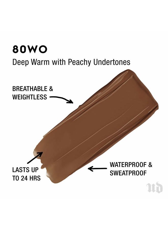 Urban Decay Stay Naked Weightless Liquid Foundation (80WO - Deep Warm - Peach Undertone), Waterproof Face Makeup, Buildable Medium Coverage with No Caking, Real-Skin Matte Finish - 1 fl oz