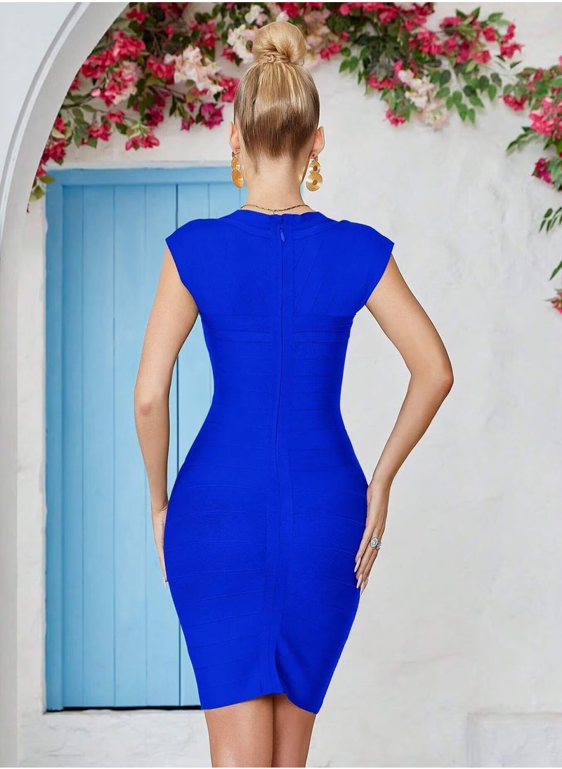 Blue Backless Laced Short Prom Dress With Short Sleeves Bodycon Cocktail Party Club Dress