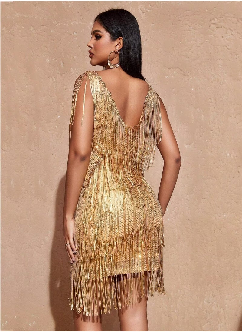 Sequined Gold Cocktail Dresses Flapper Dresses 1920s Gatsby Mini Dresses Ball Gown