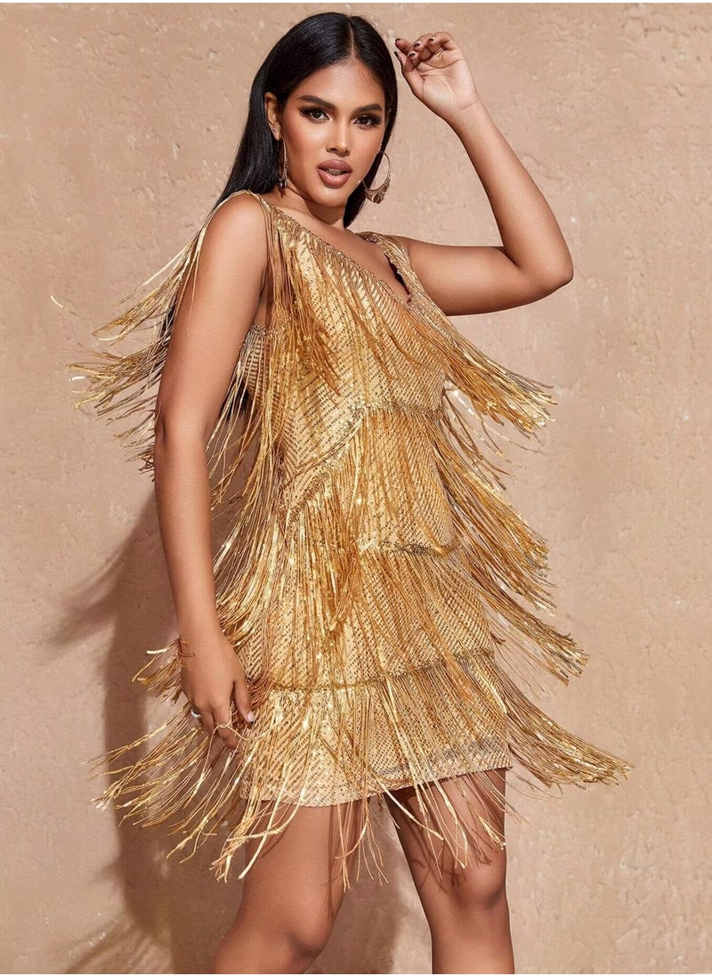 Sequined Gold Cocktail Dresses Flapper Dresses 1920s Gatsby Mini Dresses Ball Gown