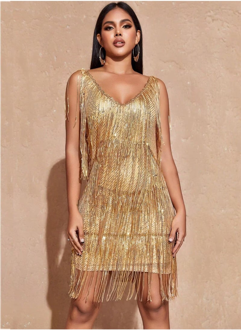 Sequined Gold Cocktail Dresses Flapper Dresses 1920s Gatsby Mini Dresses Ball Gown