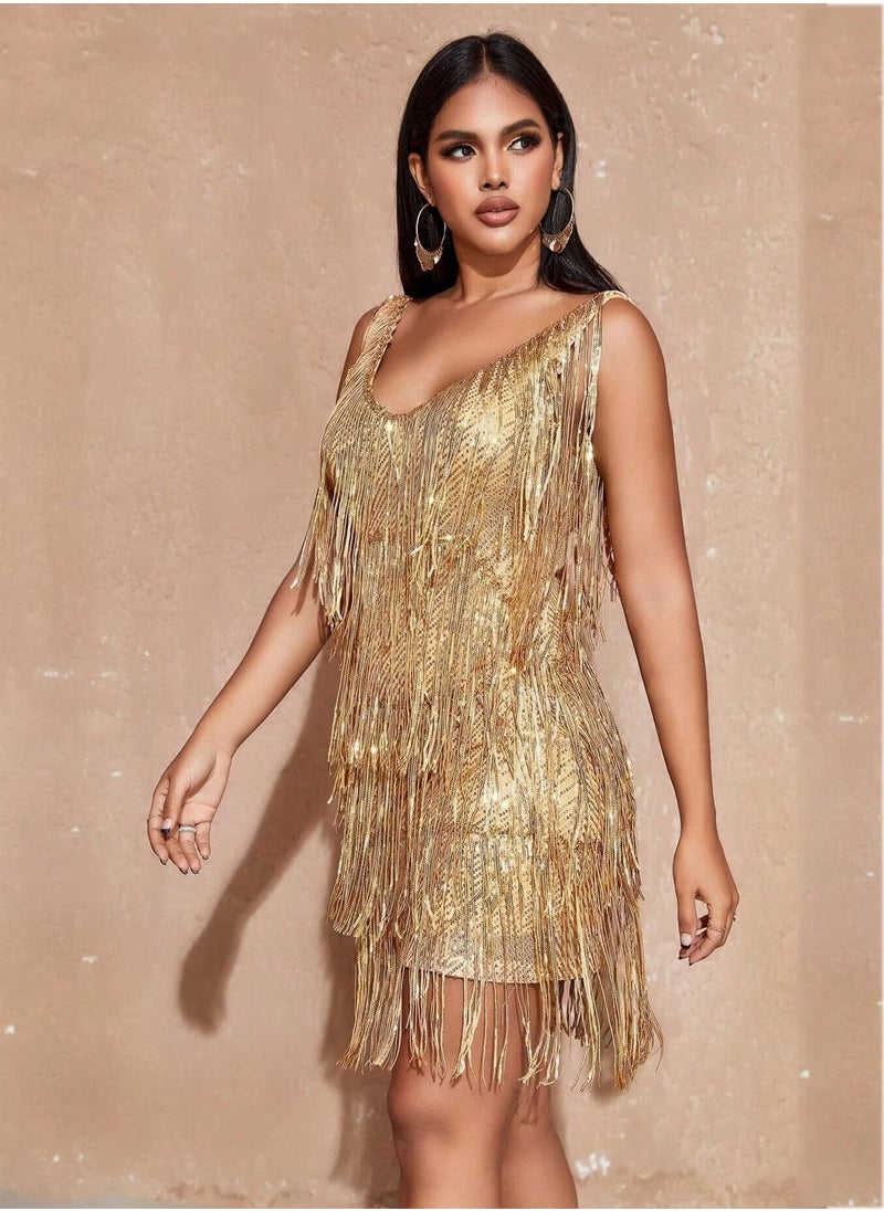 Sequined Gold Cocktail Dresses Flapper Dresses 1920s Gatsby Mini Dresses Ball Gown