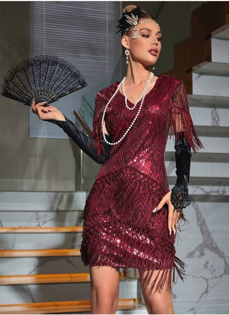 Women's Burgundy 1920s Sequined Flapper Dress Short Sleeve V Neck Roaring 20s Dress Great Gatsby Party Dance Dresses