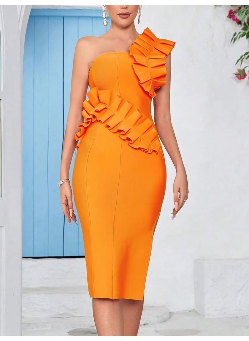 Women's Orange Bandage Dress Wedding Guest Bodycon V-neck Stylish Party Cocktail Evening Dress