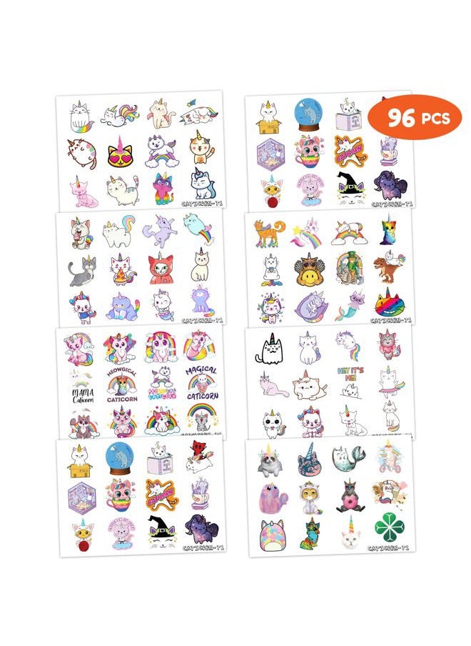 Caticorn Temporary Tattoos 96PCS, Assorted Colors, Small Size, Perfect for Kids Birthday Parties