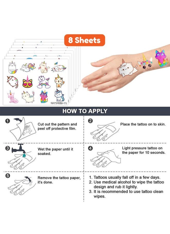 Caticorn Temporary Tattoos 96PCS, Assorted Colors, Small Size, Perfect for Kids Birthday Parties