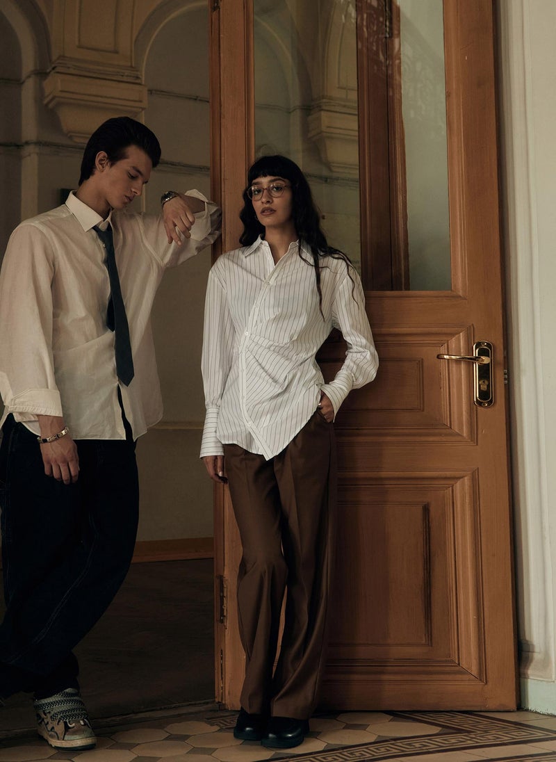 Straight suiting trousers with eco-leather belt