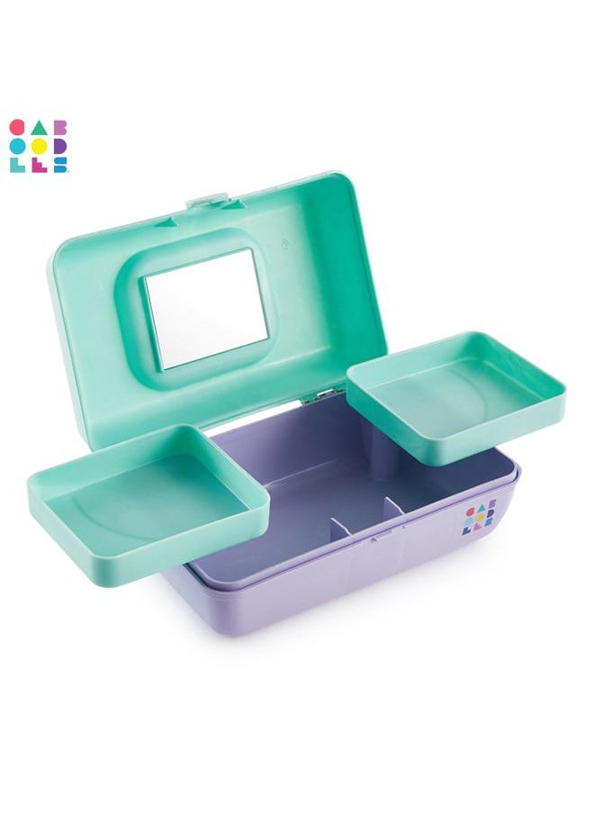 Pretty in Petite Makeup Box, Two-Tone Seafoam on Lavender, Hard Plastic Organizer Box, 2 Swivel Trays, Fashion Mirror, Secure Latch for Safe Travel