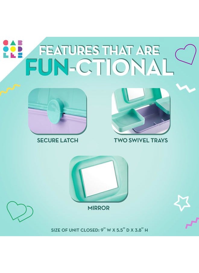 Pretty in Petite Makeup Box, Two-Tone Seafoam on Lavender, Hard Plastic Organizer Box, 2 Swivel Trays, Fashion Mirror, Secure Latch for Safe Travel