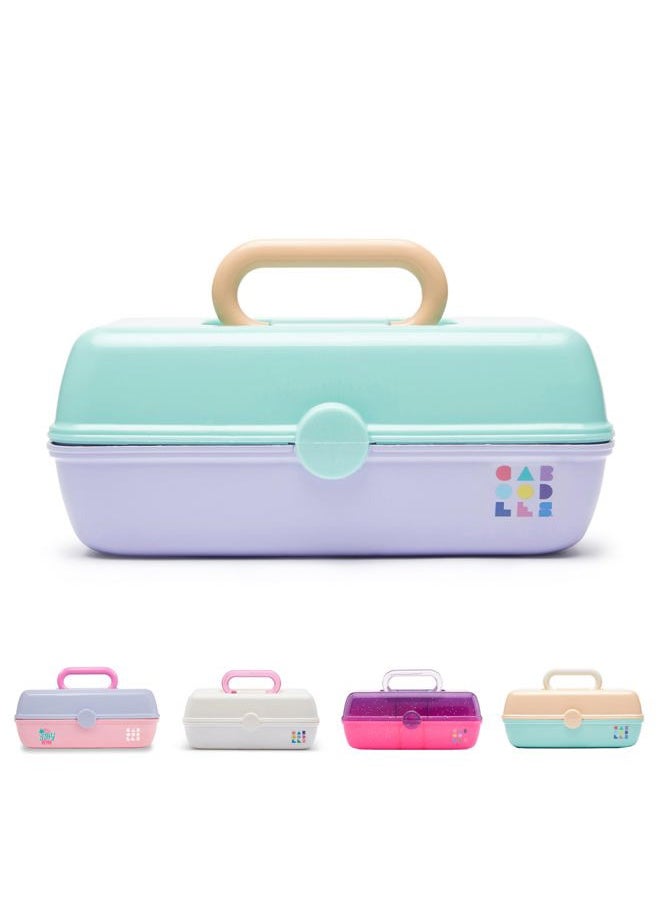 Pretty in Petite Makeup Box, Two-Tone Seafoam on Lavender, Hard Plastic Organizer Box, 2 Swivel Trays, Fashion Mirror, Secure Latch for Safe Travel