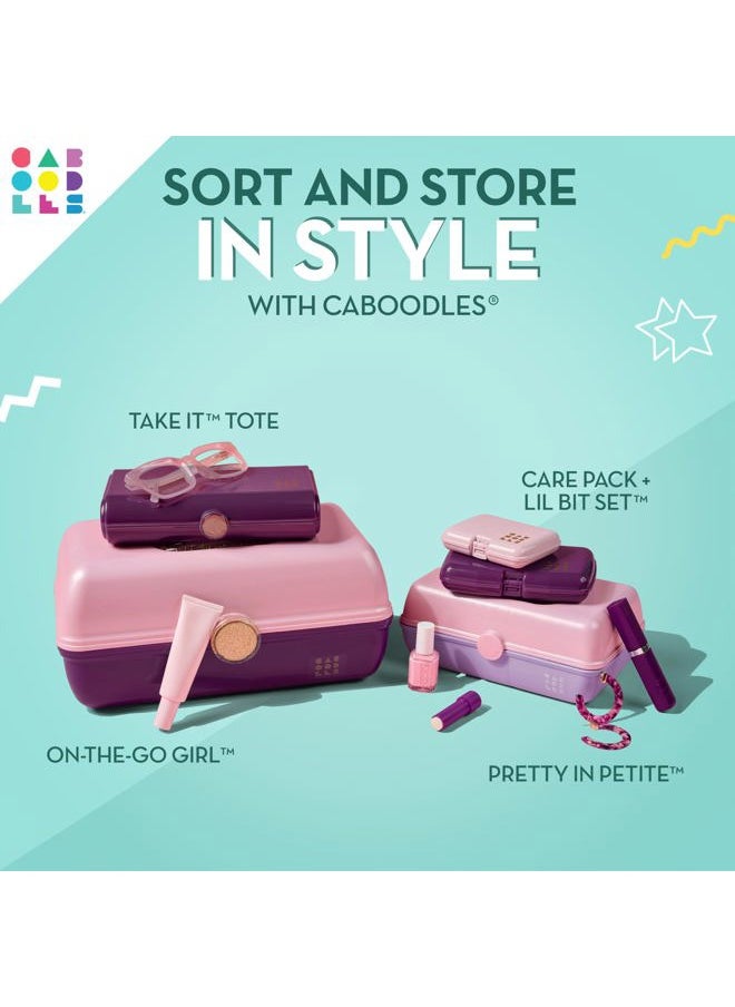 Pretty in Petite Makeup Box, Two-Tone Seafoam on Lavender, Hard Plastic Organizer Box, 2 Swivel Trays, Fashion Mirror, Secure Latch for Safe Travel