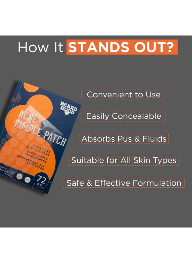 Beardhood Acne Pimple Patch | 72 Hydrocolloid Waterproof Patches | For Active Surface Acne | Absorbs Pimple Overnight, Reduces Excess Oil | For All Skin Types