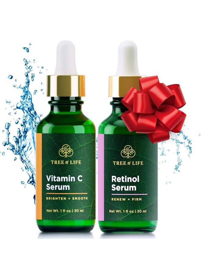 Facial Skin Care Set, Brightening, Firming, Hydrating, Dry Face, Dermatologist Tested - Vitamin C Serum (Brightens) + Retinol Serum (Smooths) - Skin Care Kit, 2 count of 1 Fl Oz