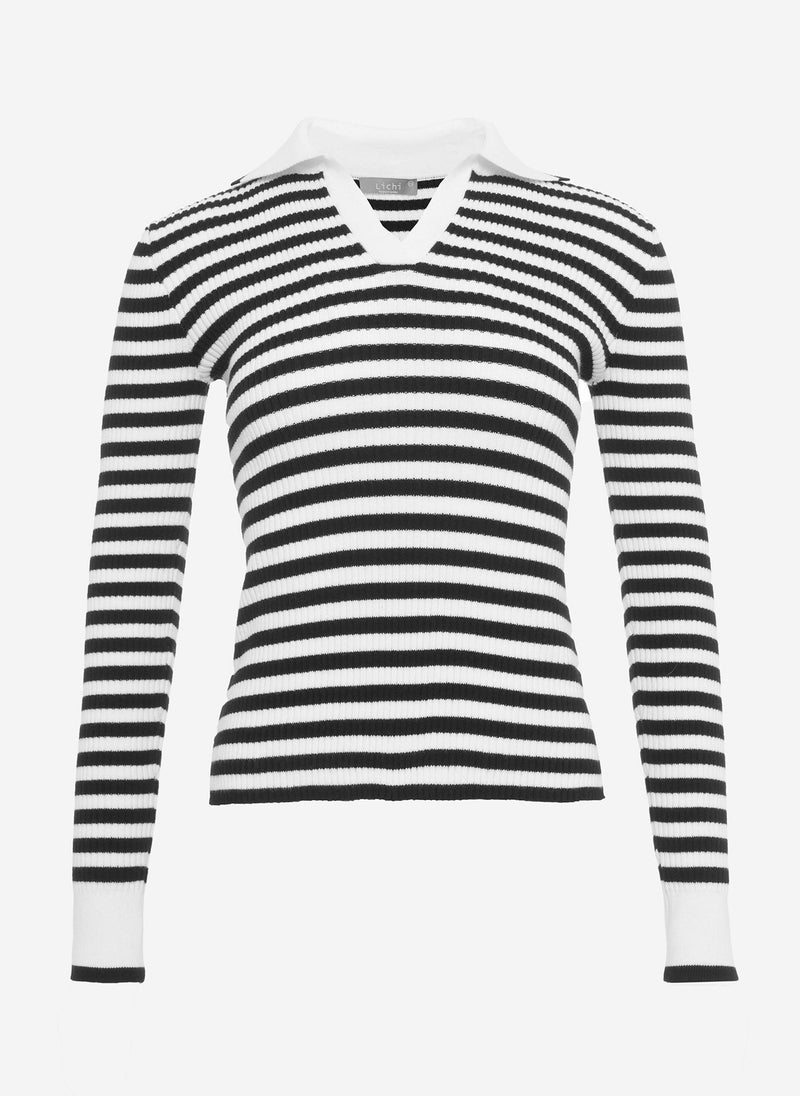Striped knit jumper with polo collar