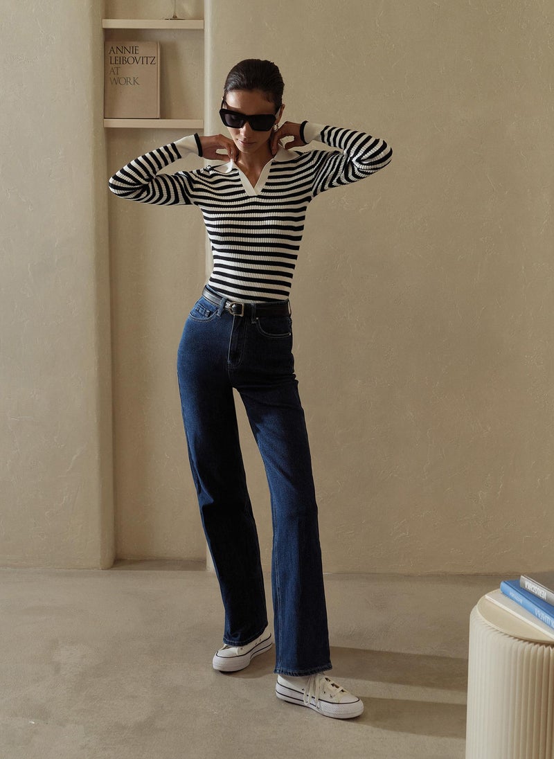 Striped knit jumper with polo collar