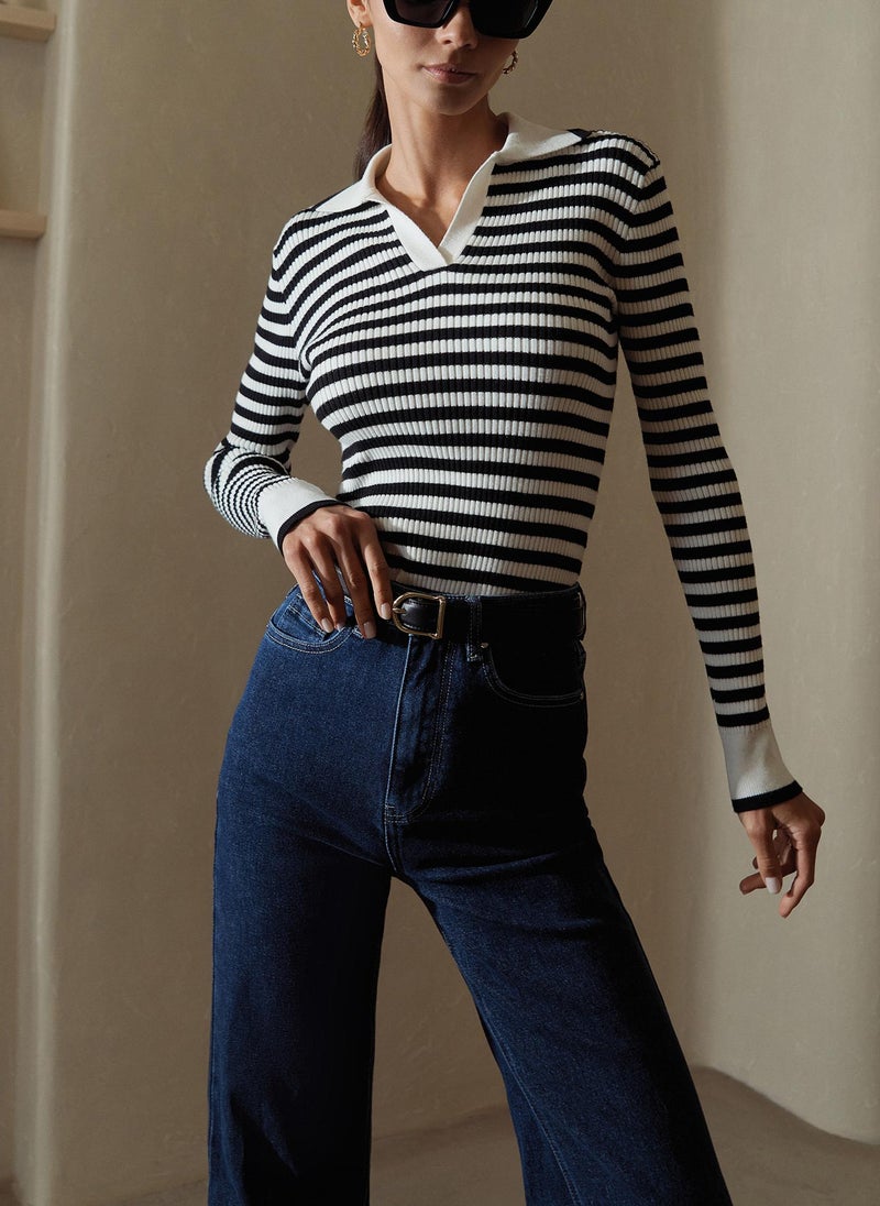 Striped knit jumper with polo collar