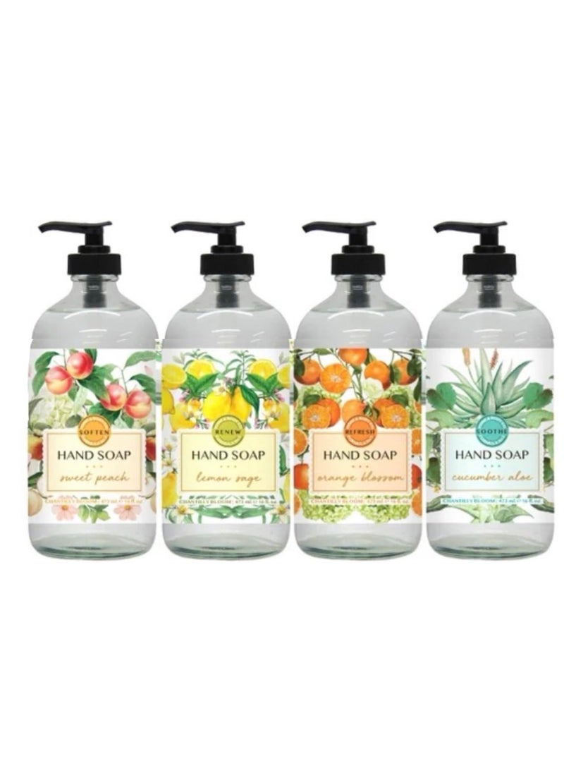 Home and Body Company  Chantilly Bloom  4 x16 fl oz  Hand Soap Set  Fragrances Sweet Peach Lemon Sage Orange Blossom Cucumber Aloe  Hand Wash Ultra Moisturizing Formula in Glass Bottles