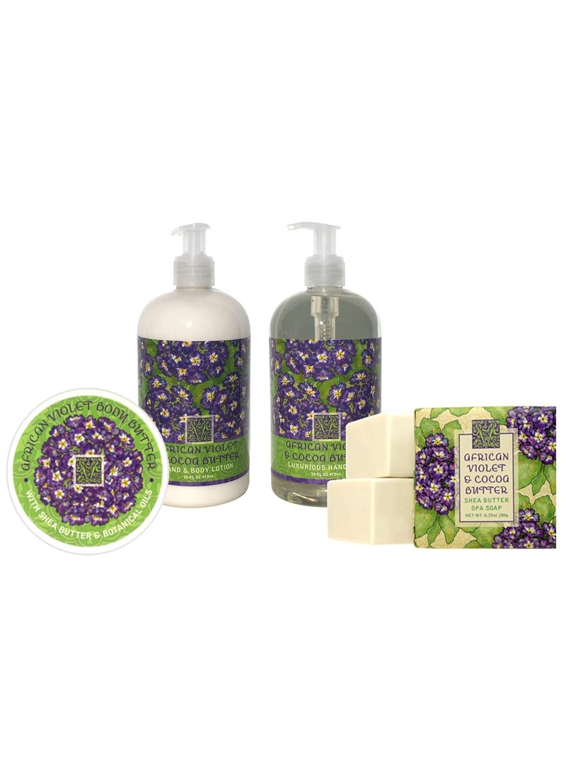 Greenwich Bay Body Care Spa Quartet  Hand Soap Lotion Body Butter and Soap Bar Square  Luxurious Shea Butter Skin Care in Captivating Botanical Scents African Violet  Cocoa Butter