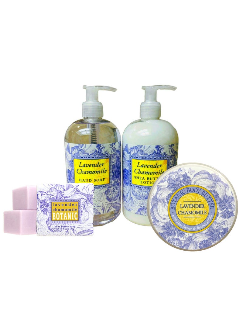 Greenwich Bay Body Care Spa Quartet  Hand Soap Lotion Body Butter and Soap Bar Square  Luxurious Shea Butter Skin Care in Captivating Botanical Scents Lavender Chamomile