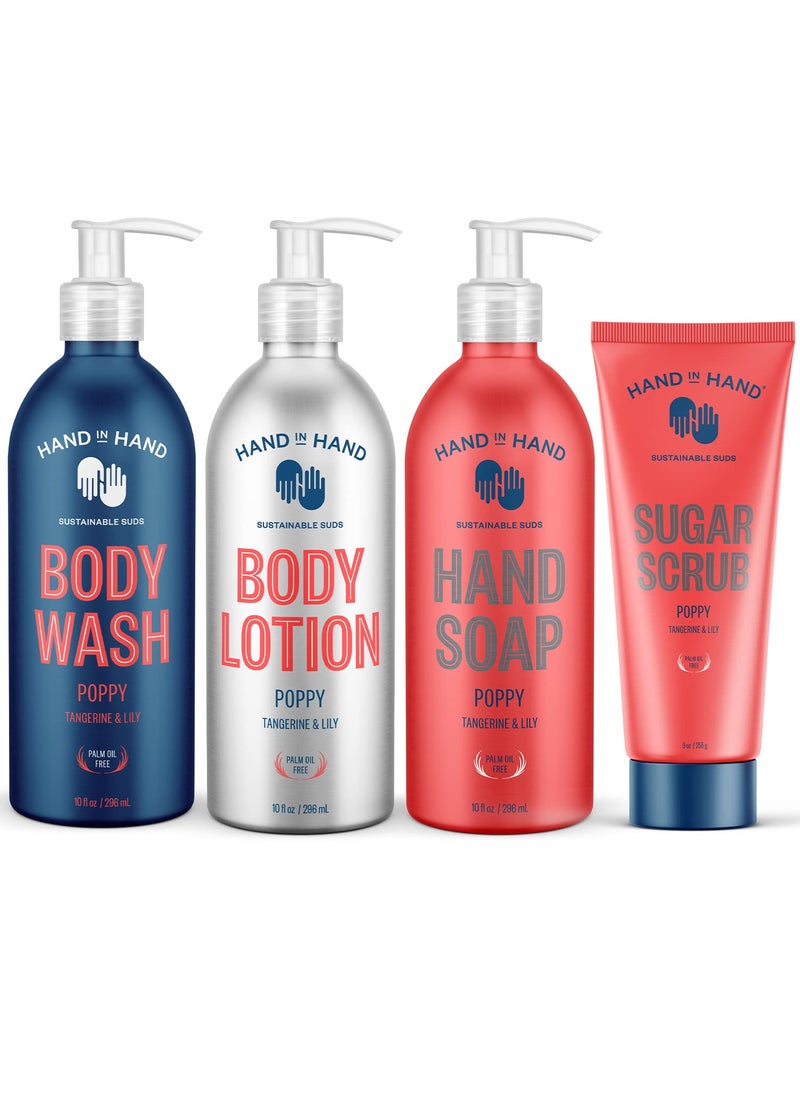 Hand in Hand Body Wash Body Lotion Liquid Hand Soap and Sugar Scrub Combo Pack Tangerine  Lily Poppy Scent