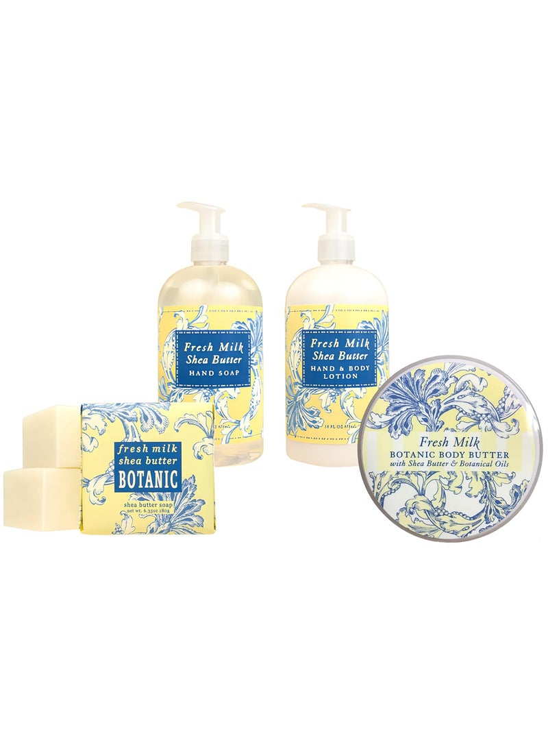 Greenwich Bay Fresh Milk Body Care Spa Quartet  Hand Soap Lotion Body Butter and Soap Bar Square  Luxurious Shea Butter Skin Care in Captivating Botanical Scents