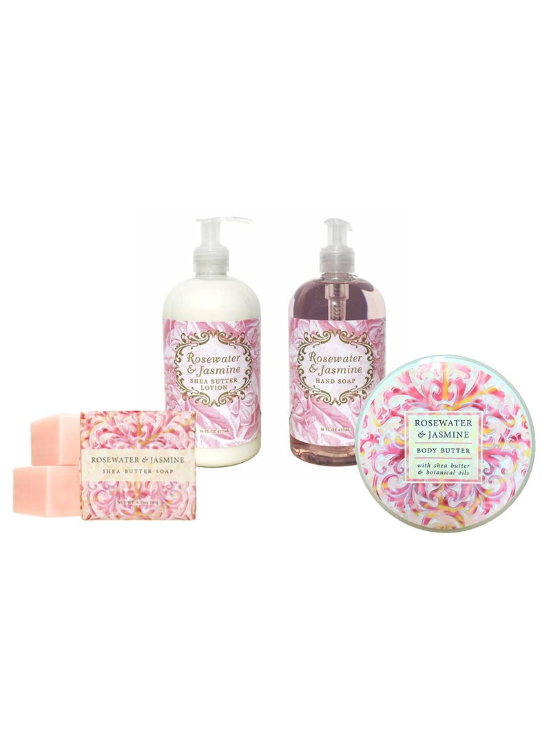 Greenwich Bay Body Care Spa Quartet  Hand Soap Lotion Body Butter and Soap Bar Square  Luxurious Shea Butter Skin Care in Captivating Botanical Scents Rosewater  Jasmine