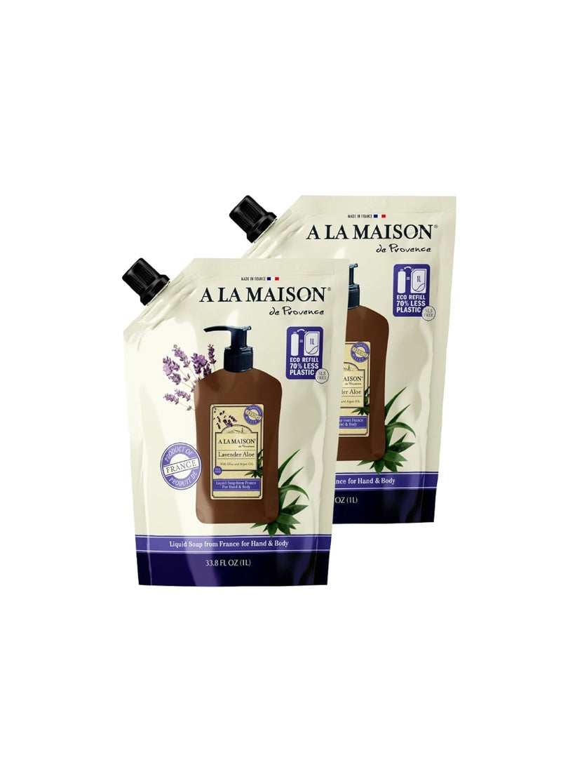 A LA MAISON French Liquid Hand Soap RefilL  Natural Hand Wash Made with Essential Oils  Biodegradable PlantBased Vegan CrueltyFree 338 Fl Oz Pouch 2 Pack Lavender Aloe
