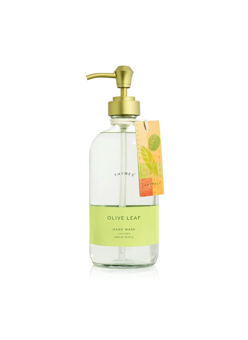 Thymes Large Hand Moisturizing Wash  Olive Leaf  Scented Liquid Hand Soap  Refillable Hand Soap Pump Bottle Glass  15 Fl Oz
