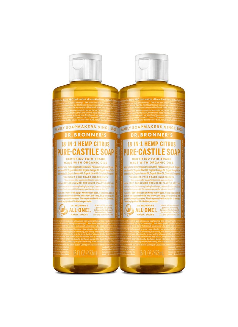 Dr Bronners  PureCastile Liquid Soap Citrus 16 ounce 2Pack  Made with Organic Oils 18in1 Uses Face Body Hair Laundry Pets and Dishes Concentrated Vegan NonGMO