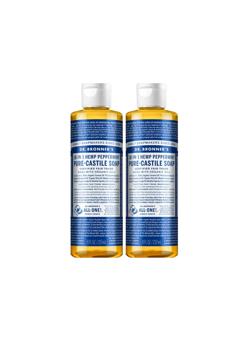 Dr Bronners Organic Peppermint Liquid Soap  18in1 AllPurpose Cleaner with Invigorating Peppermint Oil  8 Oz Size  Gentle Cleansing for Body Face Home  Natural Organic Formula 2Pack