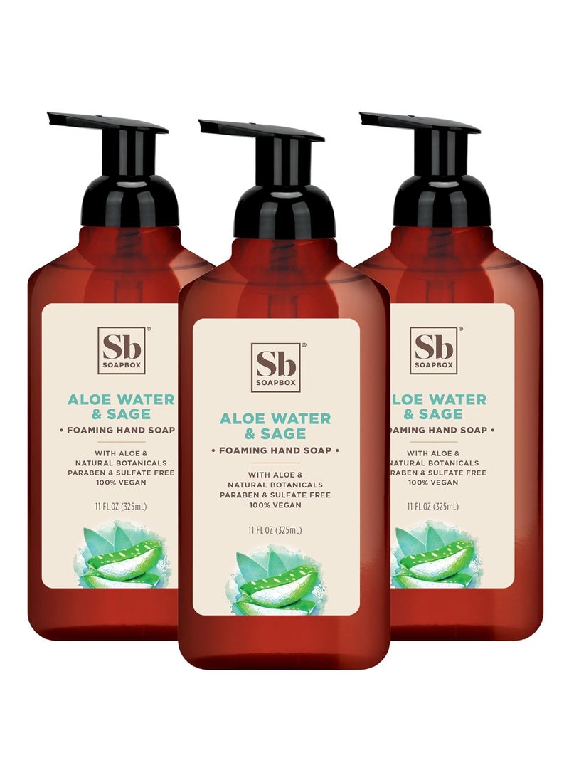 Soapbox Foaming Hand Soap Aloe Water  Sage 11oz Pump Bottles 3 Pack Cruelty Free Vegan Moisturizing Foaming Hand Wash for Kitchen  Bathroom