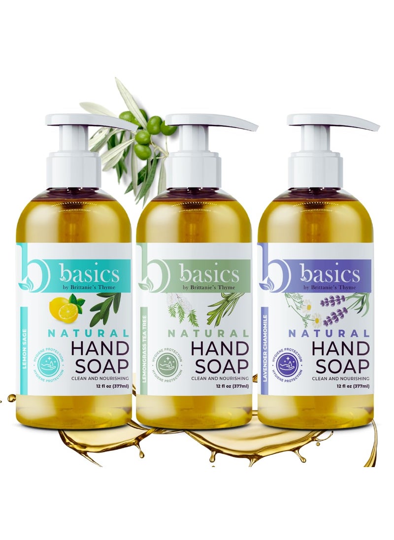 Brittanies Thyme Basics Natural Olive Oil Hand Soap 12 fl oz Pack of 3 Lavender Chamomile Lemongrass Tea Tree  Lemon Sage Cruelty Free Vegan No Synthetic Additives No Sulfates Paraben Free