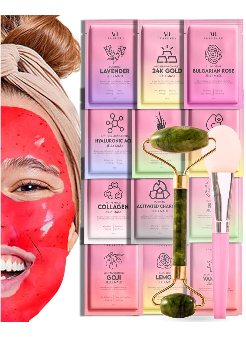 Jelly Mask for Facials  12 Flavors Hydrating  Brightening Jelly Face Masks  Free Jade Roller  Spatula Bulgarian Rose Lavender Hyaluronic Acid 24K Gold face mask  International Womens Day Gifts