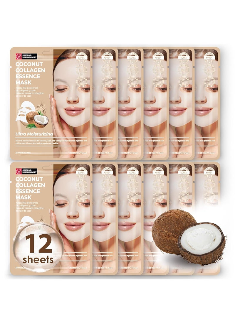 Original Derma Beauty Collagen Face Masks Skincare  12 PK Ultra Moisturizing Coconut Face Mask Skin Care Sheet Masks Set for Beauty  Personal Care Korean Face Mask