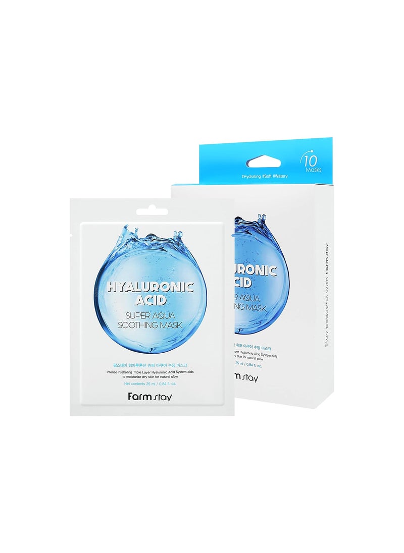 FARMSTAY Hyaluronic Acid Super Aqua Soothing Mask  Deep Hydration  Skin Calming Sheet Mask with Hyaluronic Acid  Moisturizing Care for All Skin Types 084 floz10 Sheets