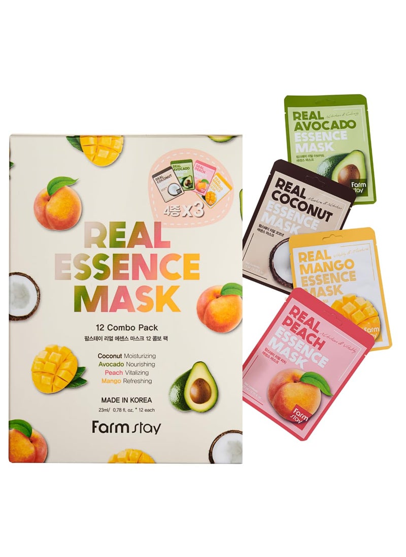 FARMSTAY Real Essence Facial Sheet 12Pack Korean Skincare Mask ComboHypoallergenicMoisturizingNourishingVitalizing Refreshing078 floz12 ea CoconutAvocadoPeachMango