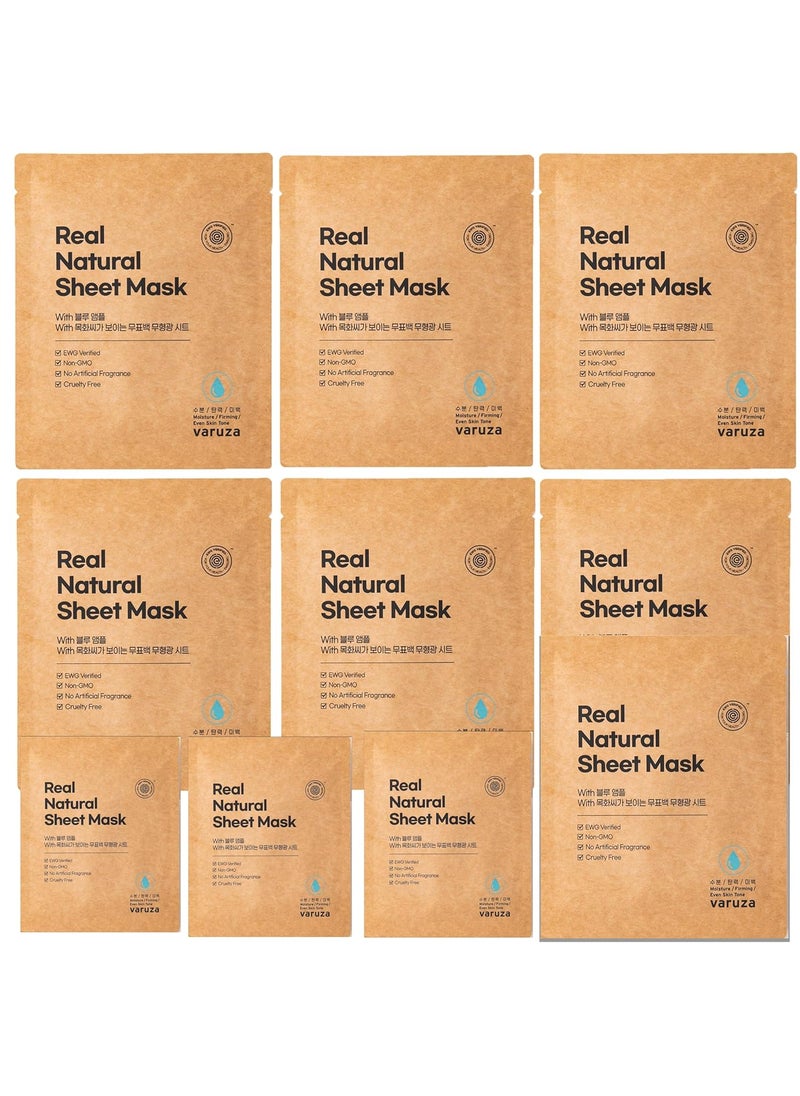 varuza Real Natural Sheet Mask  EWG VERIFIED Vegan Face Mask for Hydration NonGMO No Artificial Fragrance Made in Korea 10 PACK BLUE AMPOULE