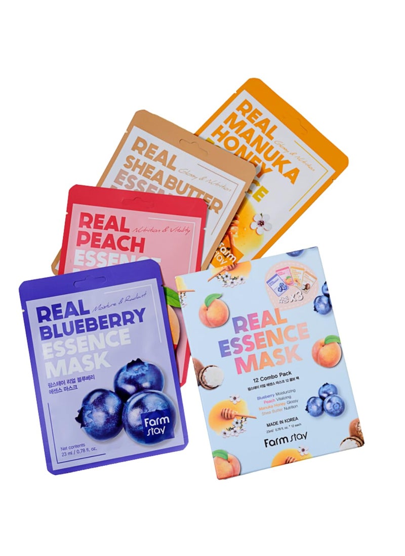 FARMSTAY Real Essence Mask Combo Pack 078 fl oz x 12 Blueberry Peach Manuka Honey Shea Butter