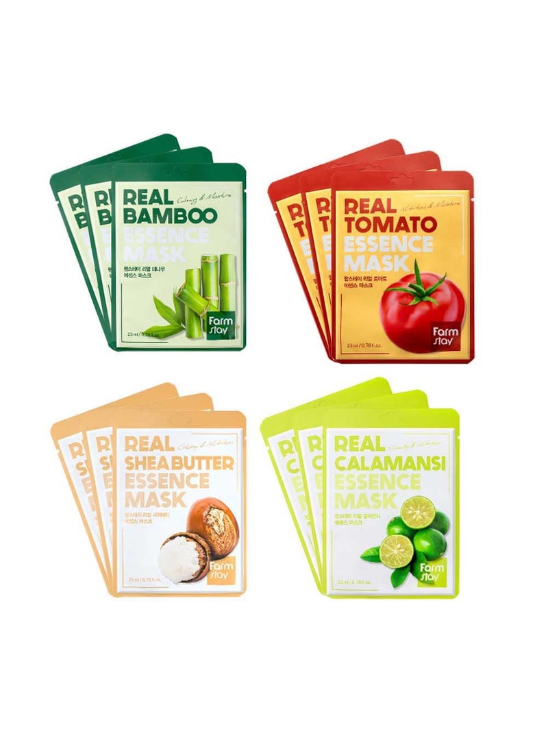 FARMSTAY Real Essence Mask12Combo  Calamansi Sheabutter Tomato Bamboo  Korean Skin Care Mask Sheet