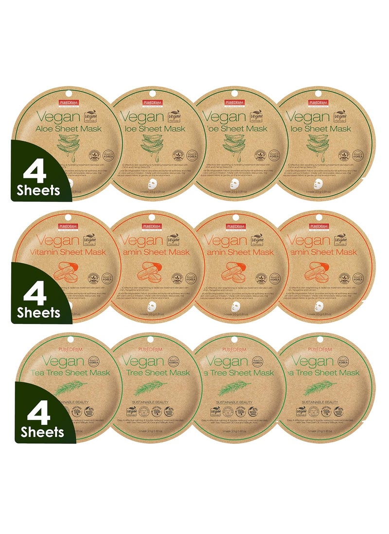 Purederm Vegan Facial Sheet Masks Trio 12 Packs  Face Masks Skincare for Dry Dehydrated and Dull Skin