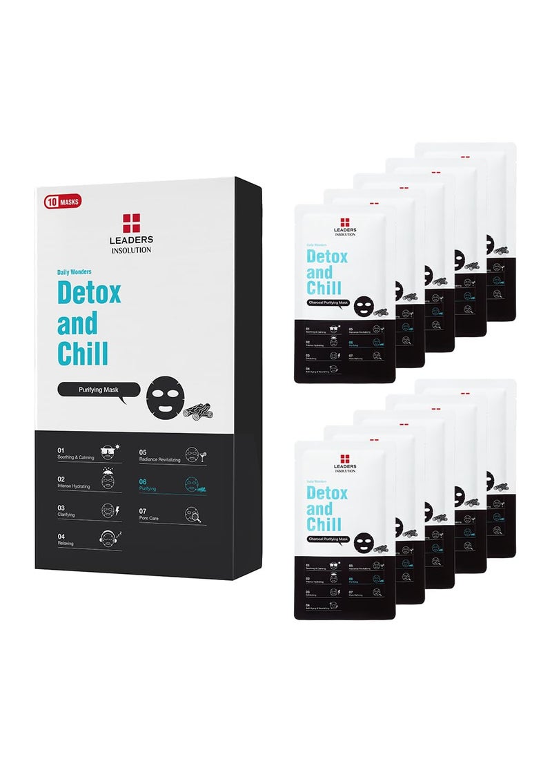 Leaders Insolution Daily Wonders Detox and Chill Facial Mask Sheet Activated Charcoal Purifying Pore Minimizing Exfoliating Dead Skin Korean Skincare 10 Sheets