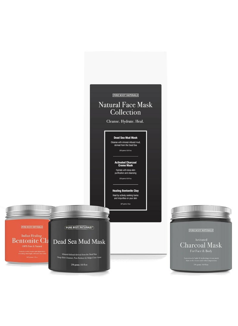 Pure Body Naturals Face Mask Gift Set  includes Natural Mud Mask Clay Mask and Charcoal Face Mask  Facial Self Care Gift for Women Mother Wife 3 Jars 88 oz Each